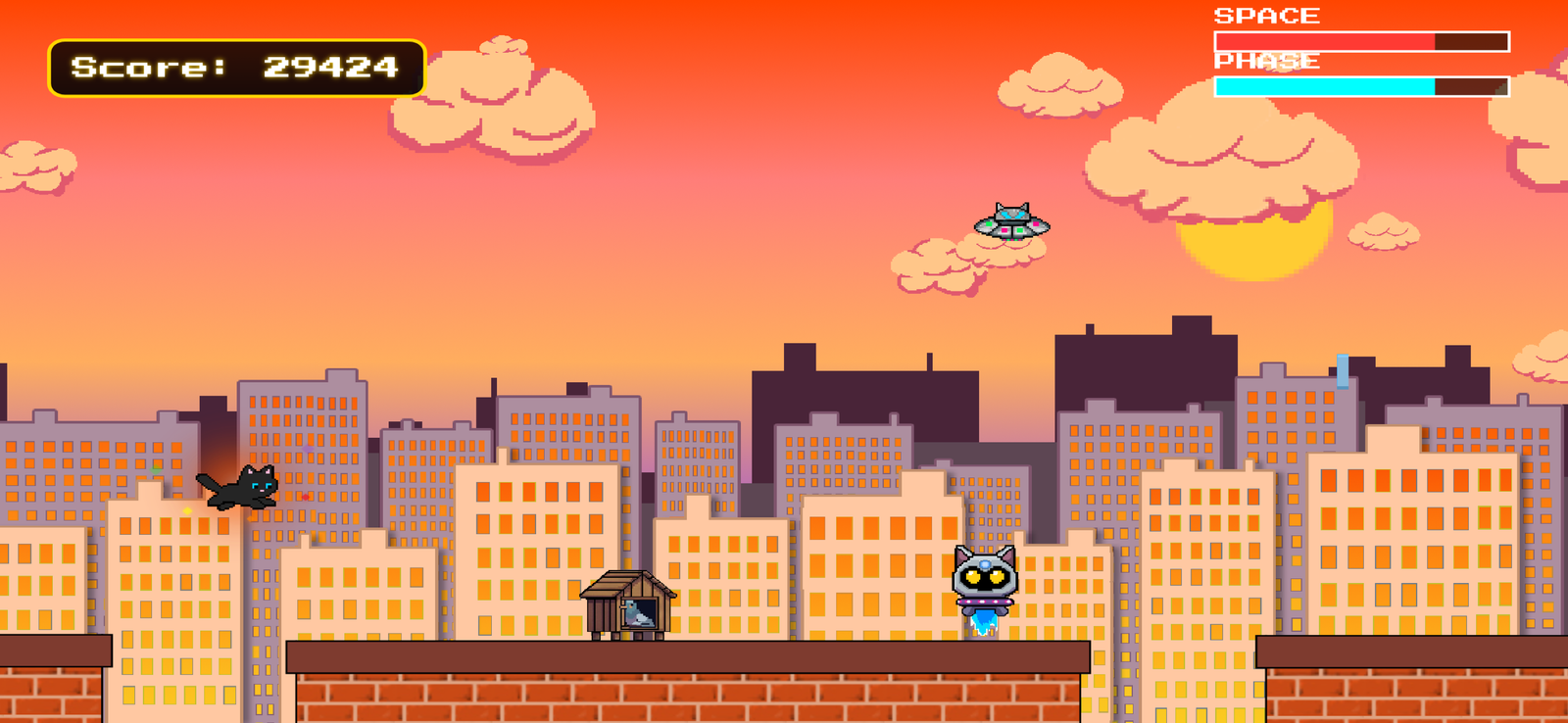 Pouncy Paws gameplay - Zeus jumping across rooftops at sunset
