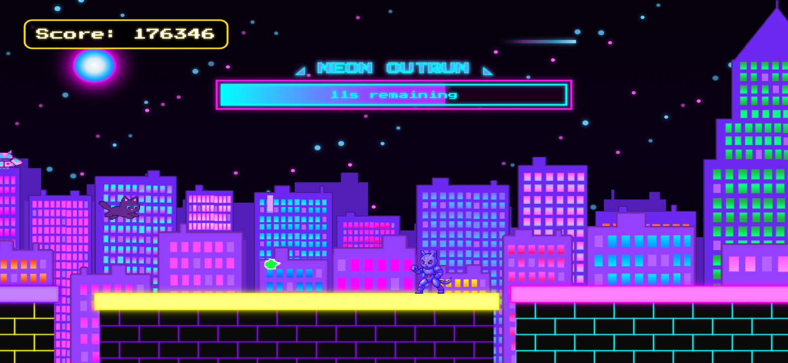 Pouncy Paws gameplay - neon outrun late-game rooftops